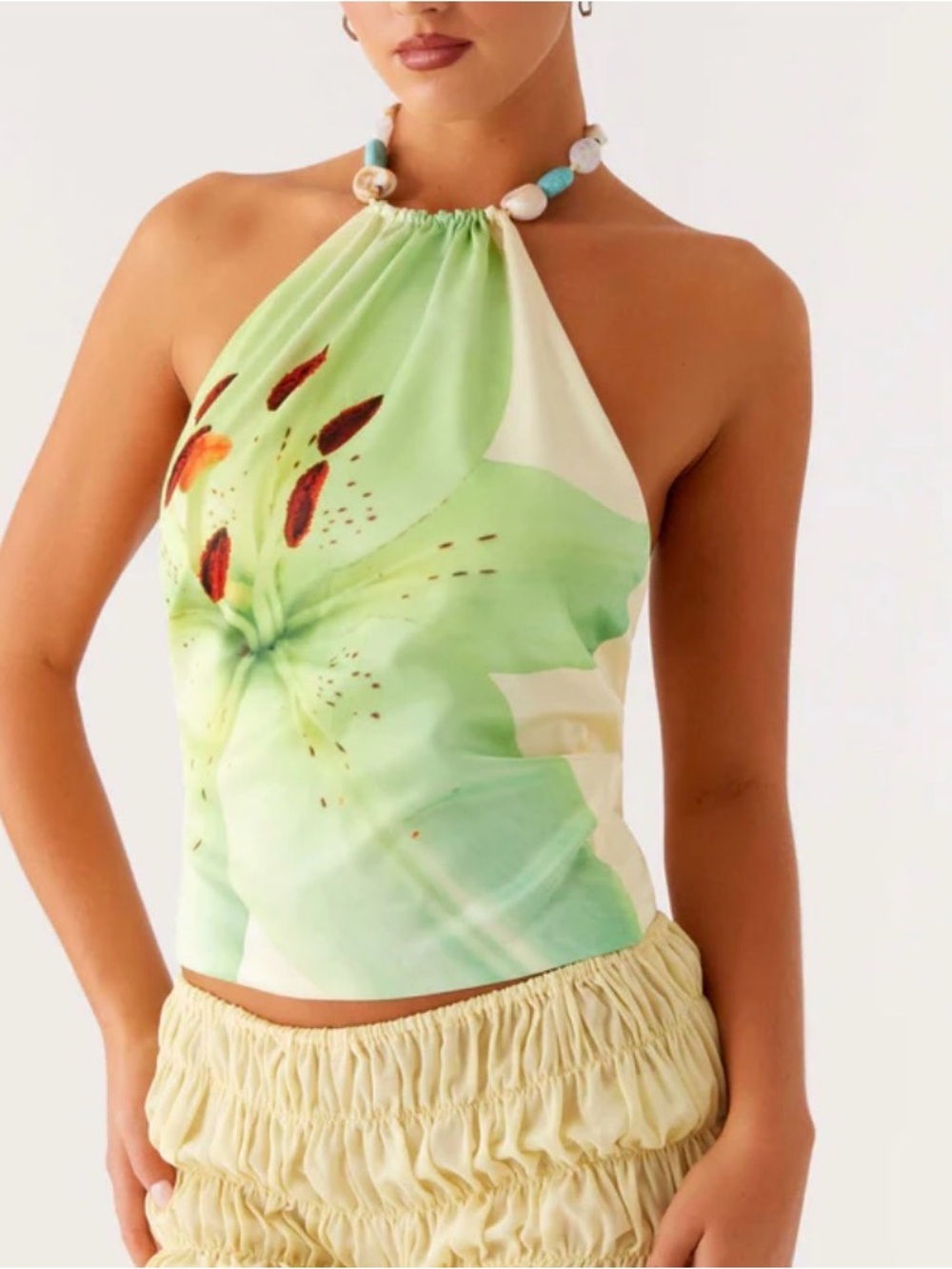 🆕 Green Floral Halter Top with Bead Straps SZ S NWT